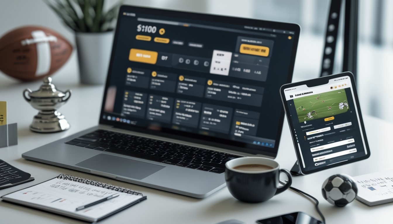 Meja kerja dengan laptop yang menampilkan situs taruhan sepak bola, ponsel dengan pembaruan pertandingan, bola sepak, dan secangkir kopi.
