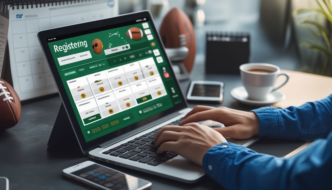 Seseorang sedang mengetik di laptop dengan tampilan situs taruhan sepak bola online, di meja ada ponsel dan secangkir kopi.