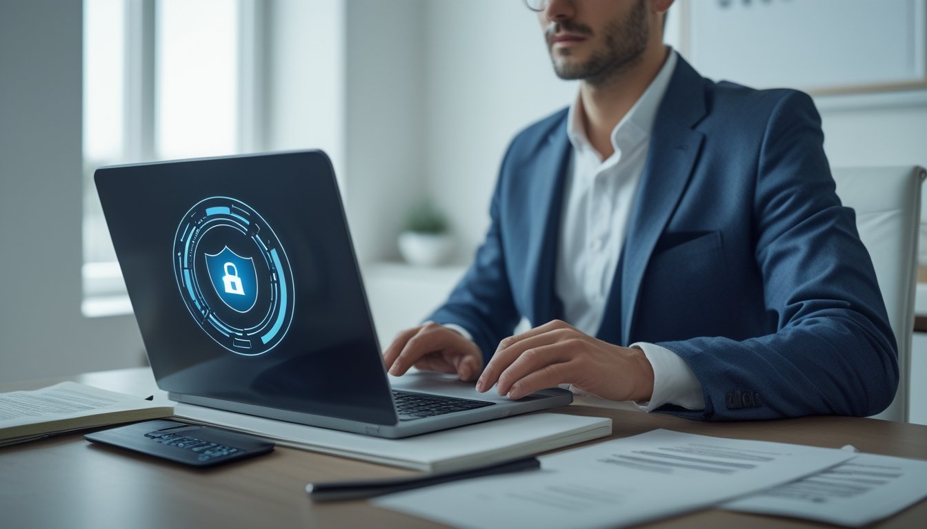 Seseorang duduk di meja modern menggunakan laptop untuk mendaftar di platform taruhan sepak bola online dengan dokumen legal di dekatnya.