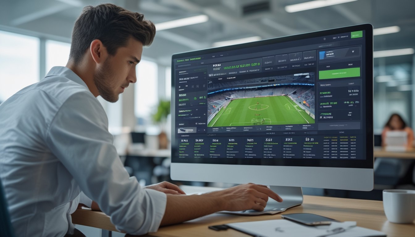 Seorang pria muda menggunakan komputer dengan tampilan platform taruhan sepak bola langsung yang menunjukkan pertandingan sepak bola dan pilihan taruhan secara real-time.