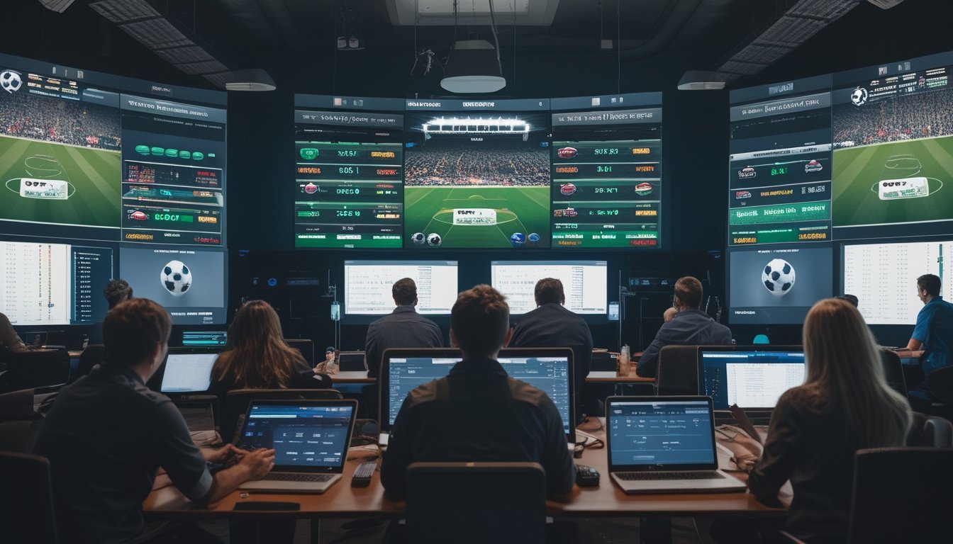 Sekelompok orang fokus menonton pertandingan sepak bola secara langsung di layar besar sambil menggunakan perangkat elektronik untuk memasang taruhan.