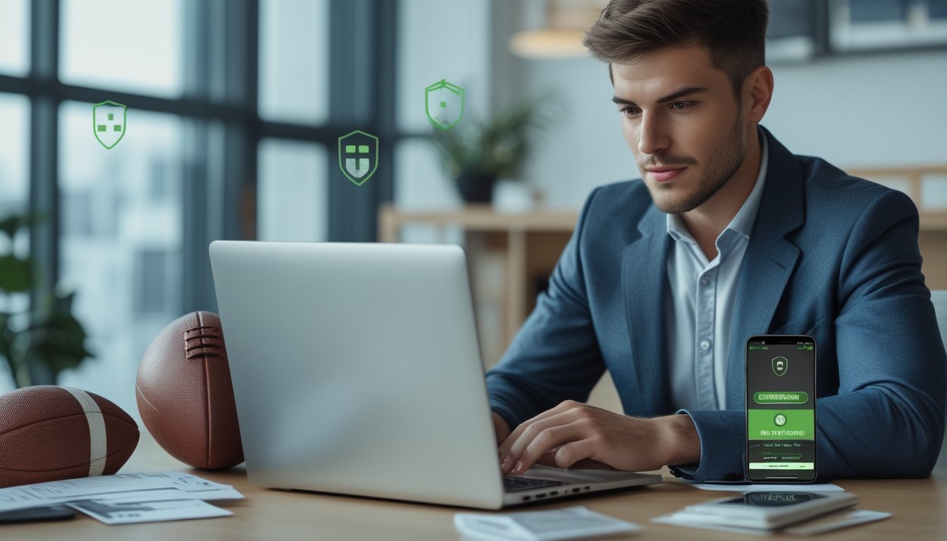 Seorang pria muda sedang menggunakan laptop di kantor modern dengan bola sepak dan ponsel yang menampilkan aplikasi taruhan aman di mejanya.