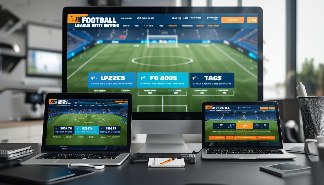 Meja kerja dengan beberapa perangkat digital yang menampilkan situs taruhan sepak bola dan televisi menayangkan pertandingan sepak bola Liga Eropa.