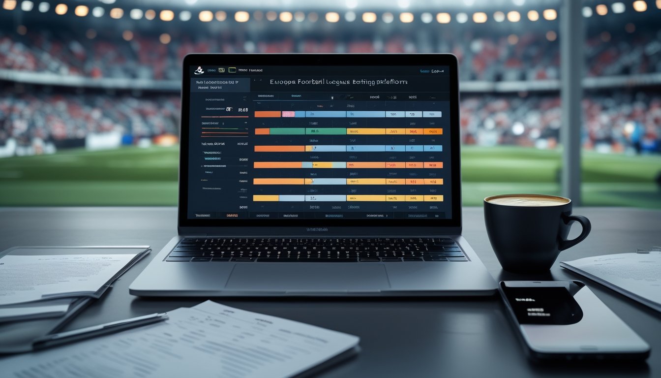 Meja kerja dengan laptop yang menampilkan grafik perbandingan taruhan sepak bola Liga Eropa, ponsel dengan skor pertandingan, dan latar belakang stadion sepak bola.