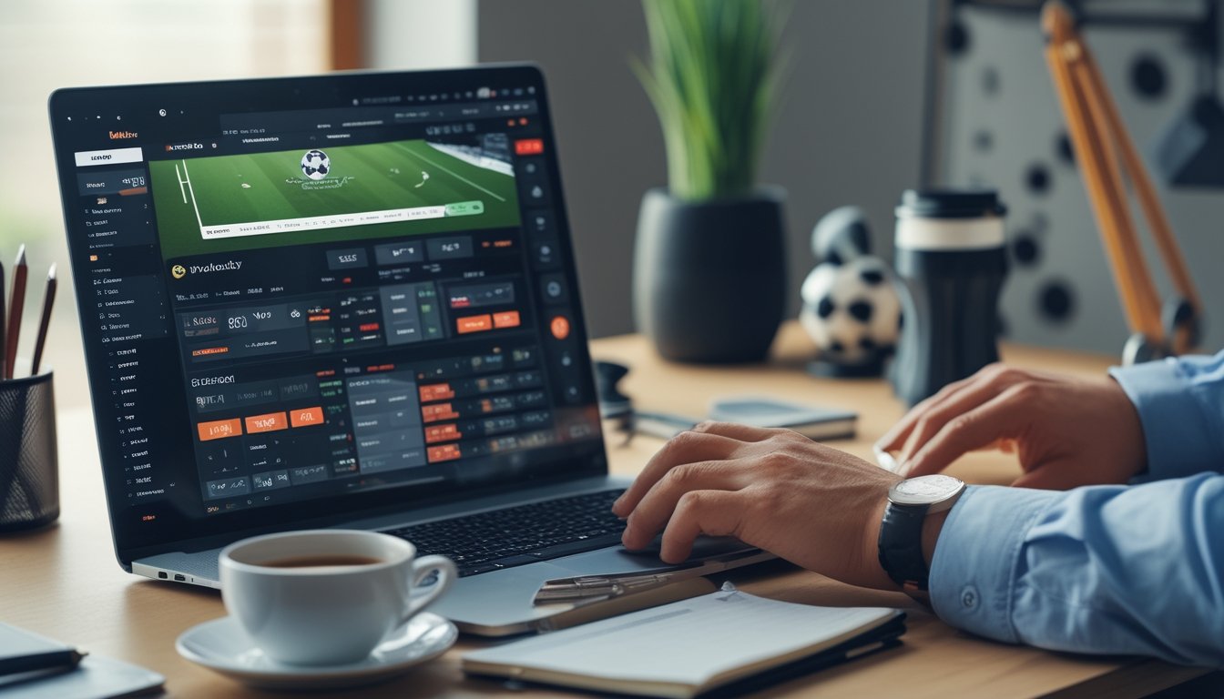 Seorang profesional sedang menggunakan laptop dan ponsel di meja kerja dengan grafik dan statistik sepak bola, fokus pada strategi taruhan sepak bola.