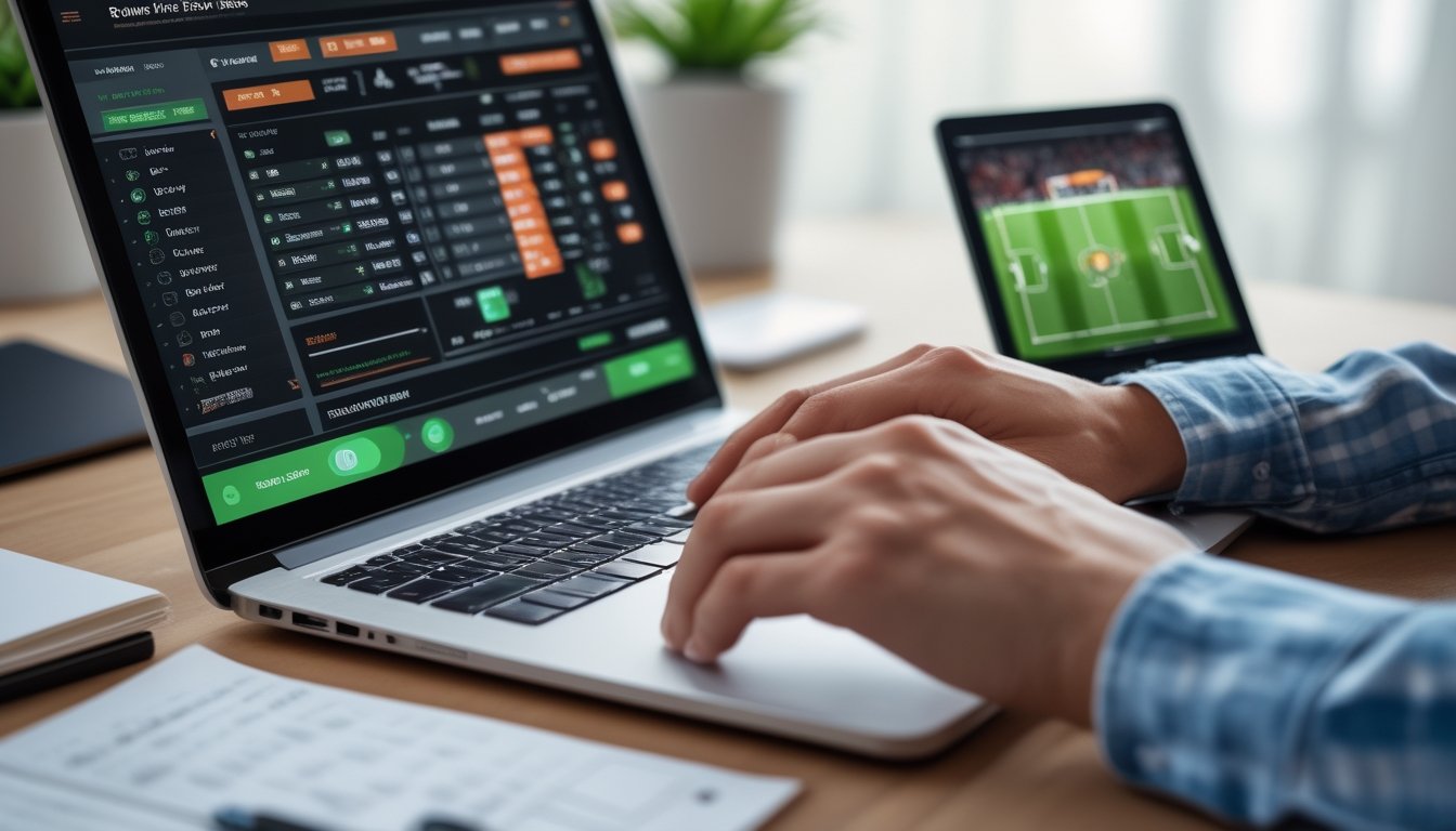 Seseorang menggunakan laptop dengan tampilan statistik sepak bola dan perangkat lain di meja kerja.