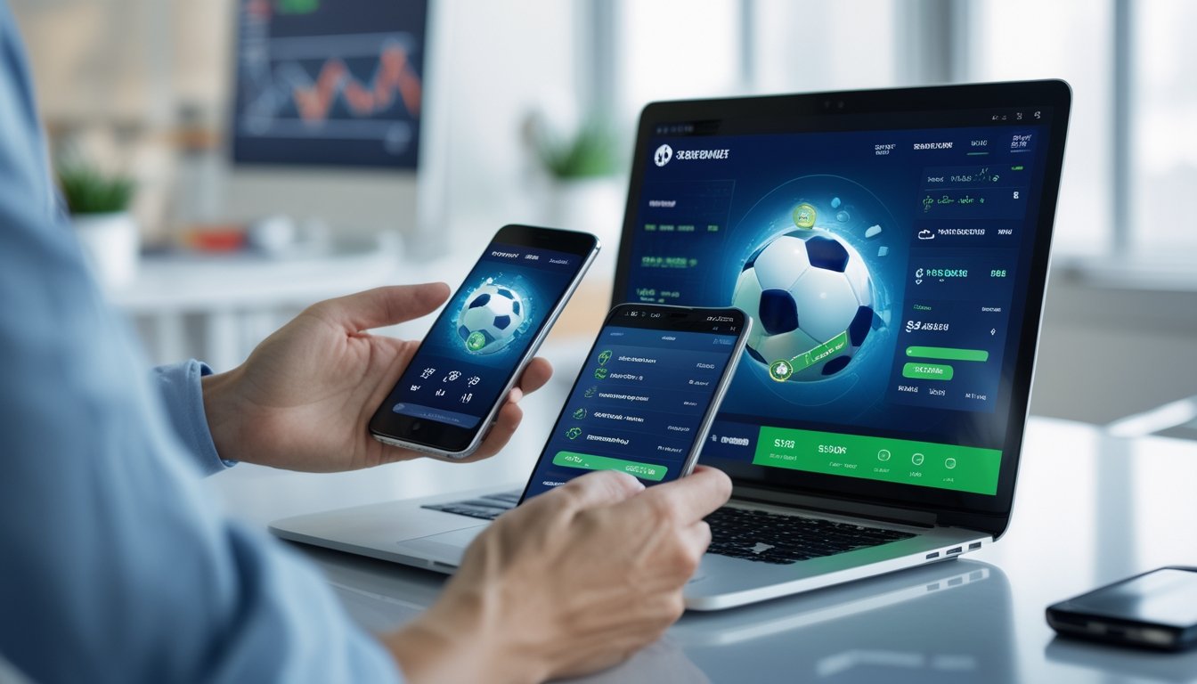 Seseorang menggunakan laptop dan ponsel untuk mengakses platform taruhan sepak bola dengan tampilan aplikasi yang menampilkan bola sepak dan ikon transaksi.