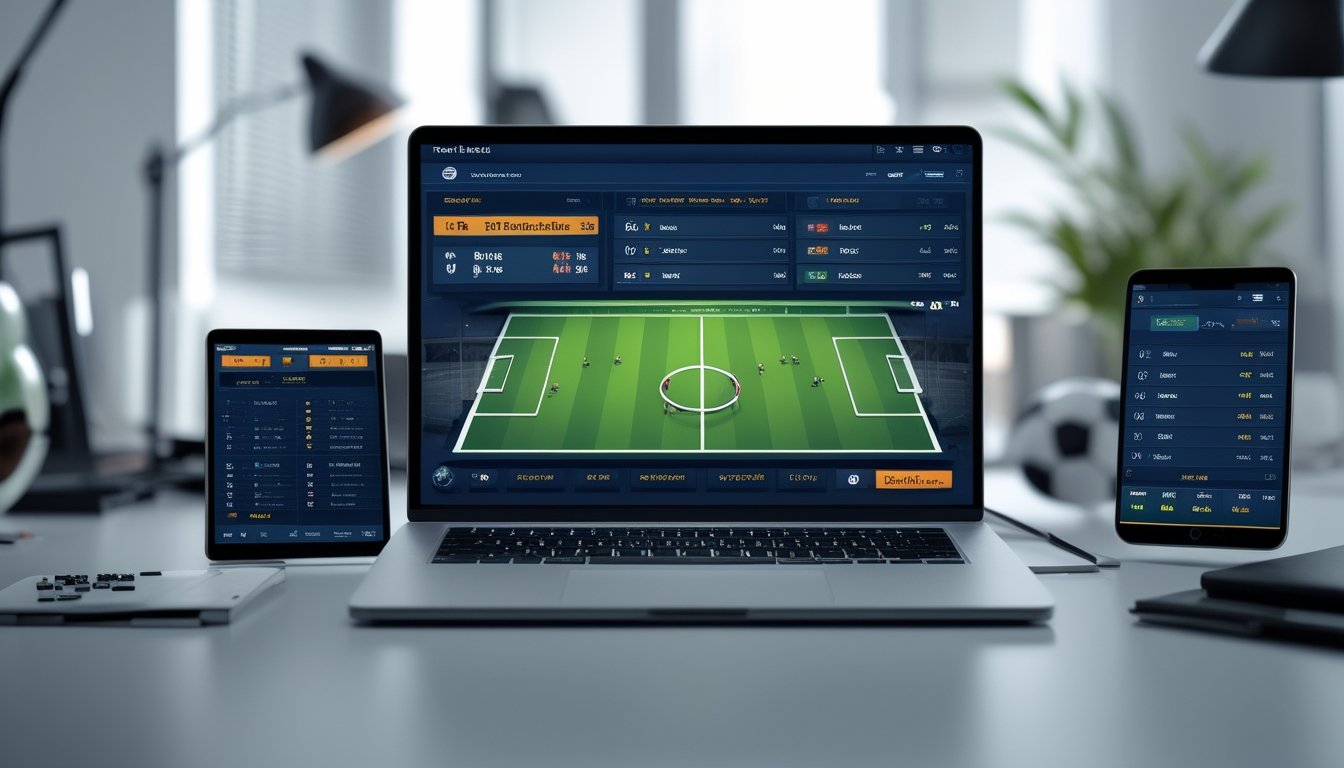 Seorang profesional bekerja di meja dengan laptop dan perangkat digital menampilkan platform taruhan sepak bola modern.