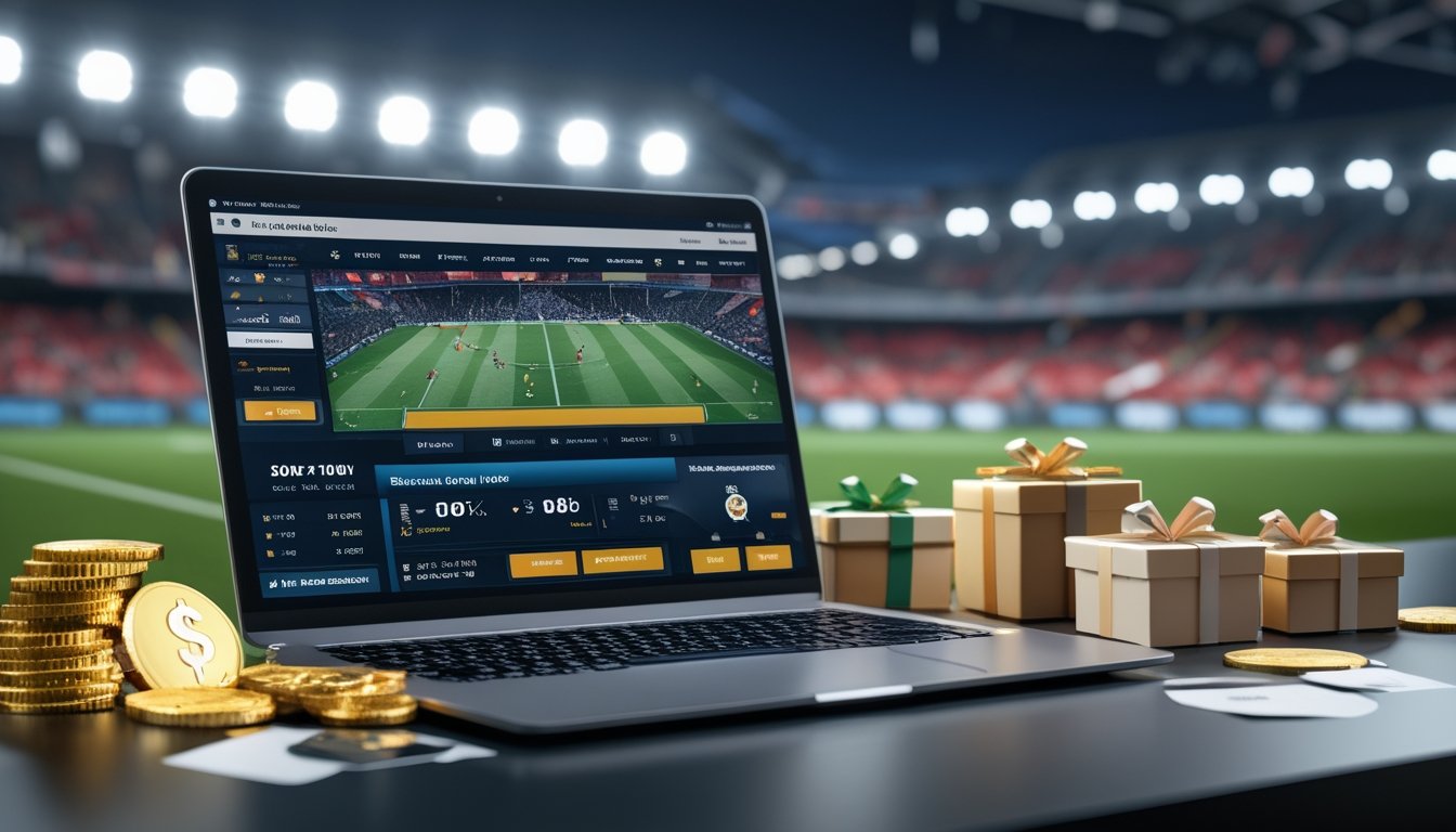 Seorang profesional menggunakan laptop dengan tampilan pertandingan sepak bola dan simbol bonus di meja, dengan latar belakang stadion sepak bola yang ramai.