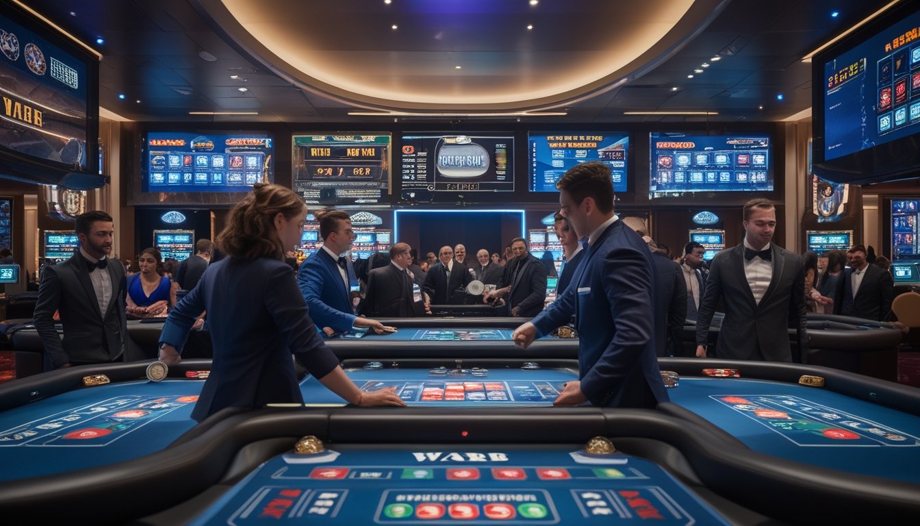 Suasana kasino modern dengan meja permainan War dan Keno live, dealer profesional melayani pemain yang fokus bermain dalam lingkungan yang terang dan terpercaya.