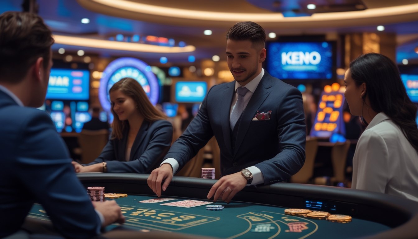 Seorang dealer profesional sedang mengelola permainan kasino langsung di meja dengan pemain di latar belakang kasino yang modern dan terang.