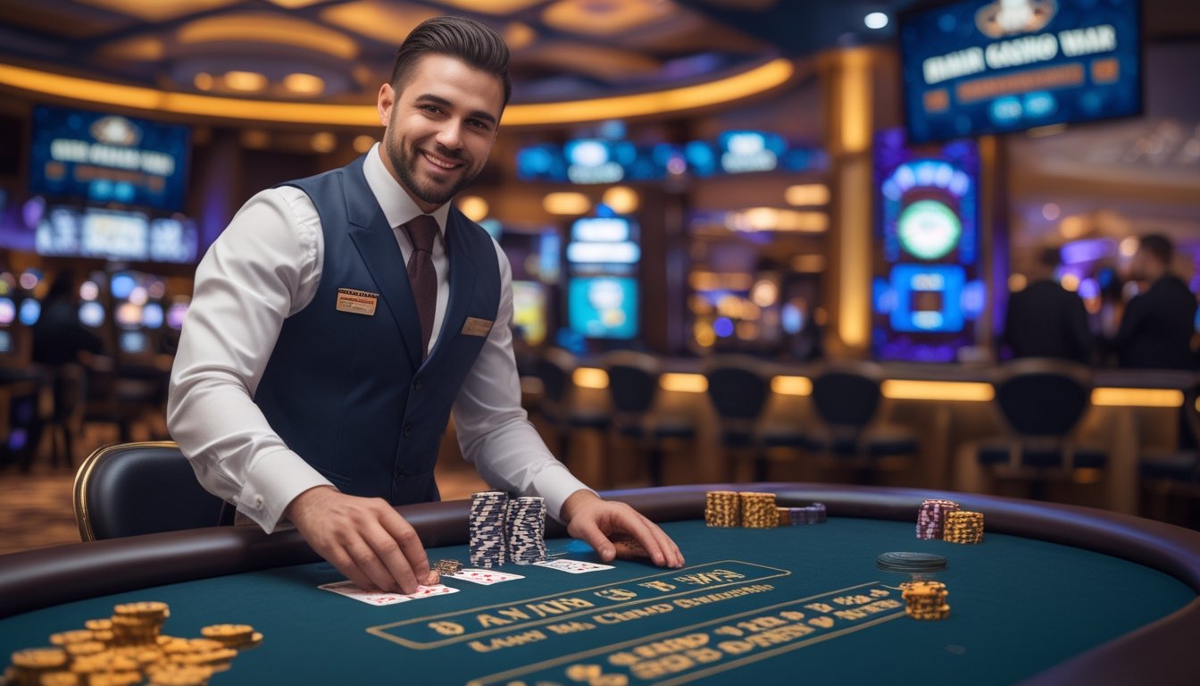 Seorang dealer profesional sedang membagikan kartu di meja permainan kasino langsung dengan latar belakang studio kasino yang terang dan layar digital menampilkan permainan kasino.