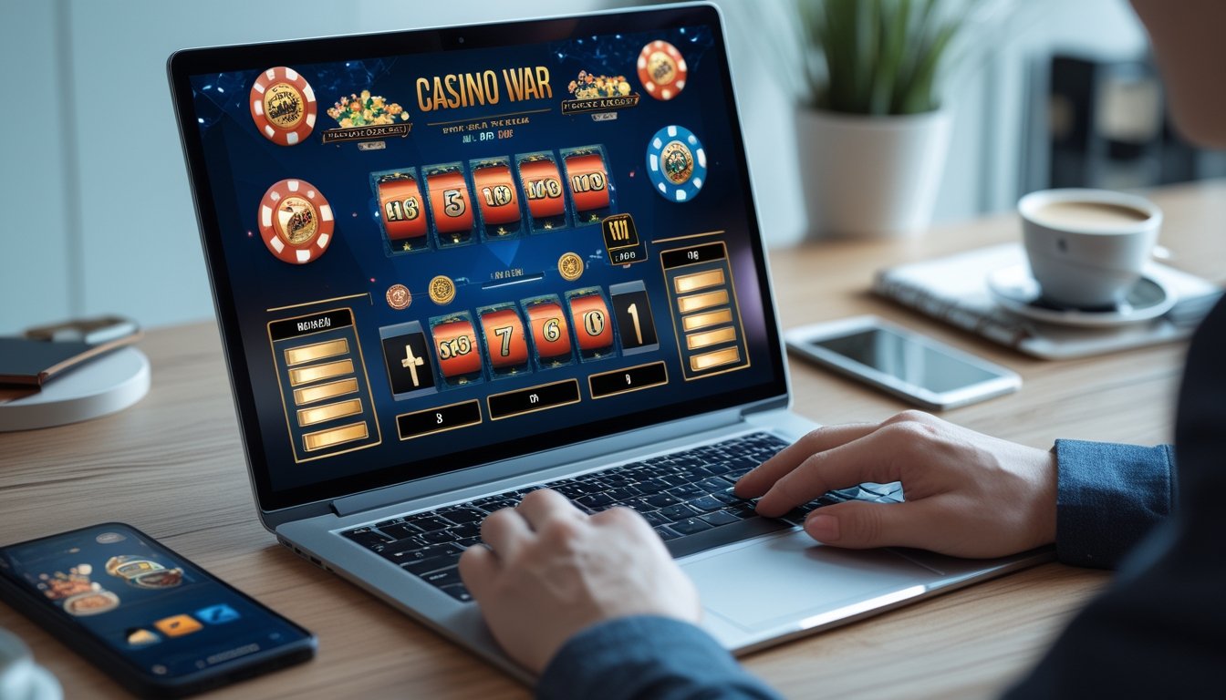 Seseorang menggunakan laptop dengan tampilan permainan Casino War dan Casino Keno Live di layar dalam suasana ruangan yang rapi dan terang.