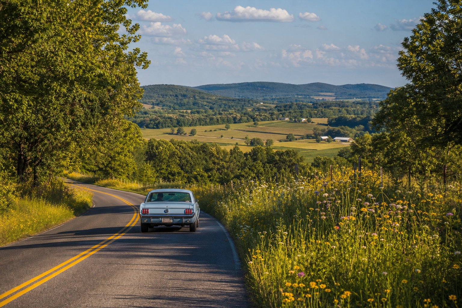 A winding country road surrounded by green trees and wildflowers with rolling hills in the background under a blue sky.