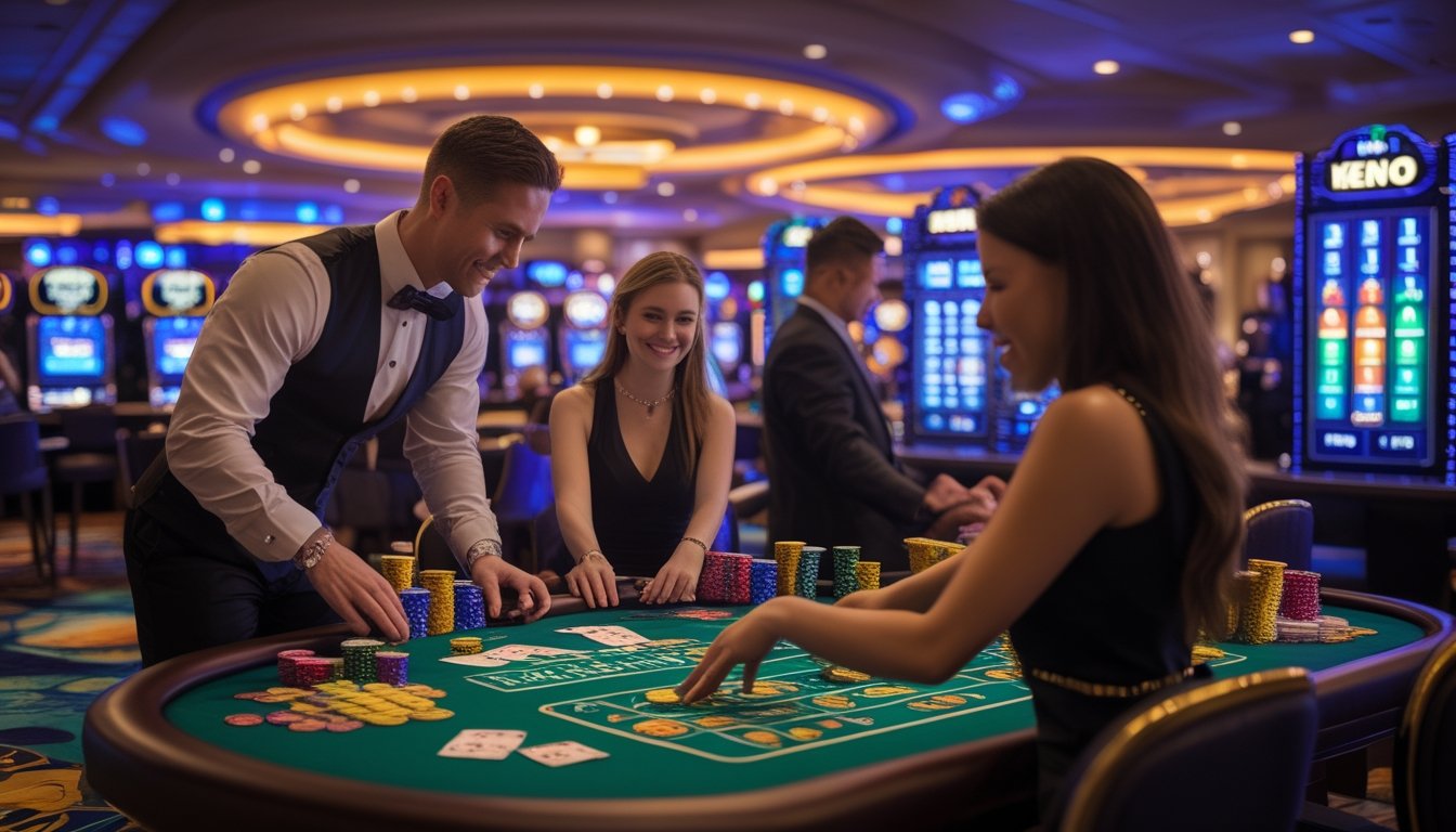Suasana kasino modern dengan dealer dan pemain bermain casino war dan Keno live di meja permainan.