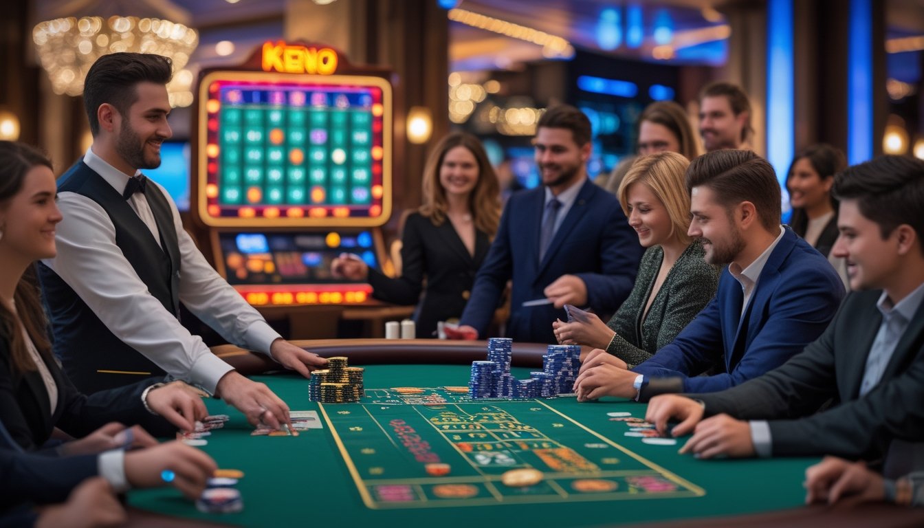 Suasana kasino dengan dealer dan pemain yang sedang bermain Casino War dan Keno, menampilkan meja permainan, kartu, chip, dan papan Keno elektronik.