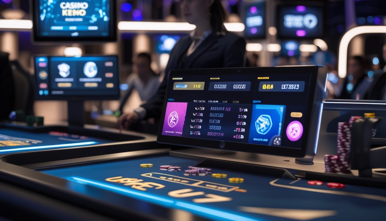 Suasana kasino modern dengan meja permainan War dan Casino Keno, dealer sedang mengelola permainan, dan beberapa pemain terlihat fokus bermain.