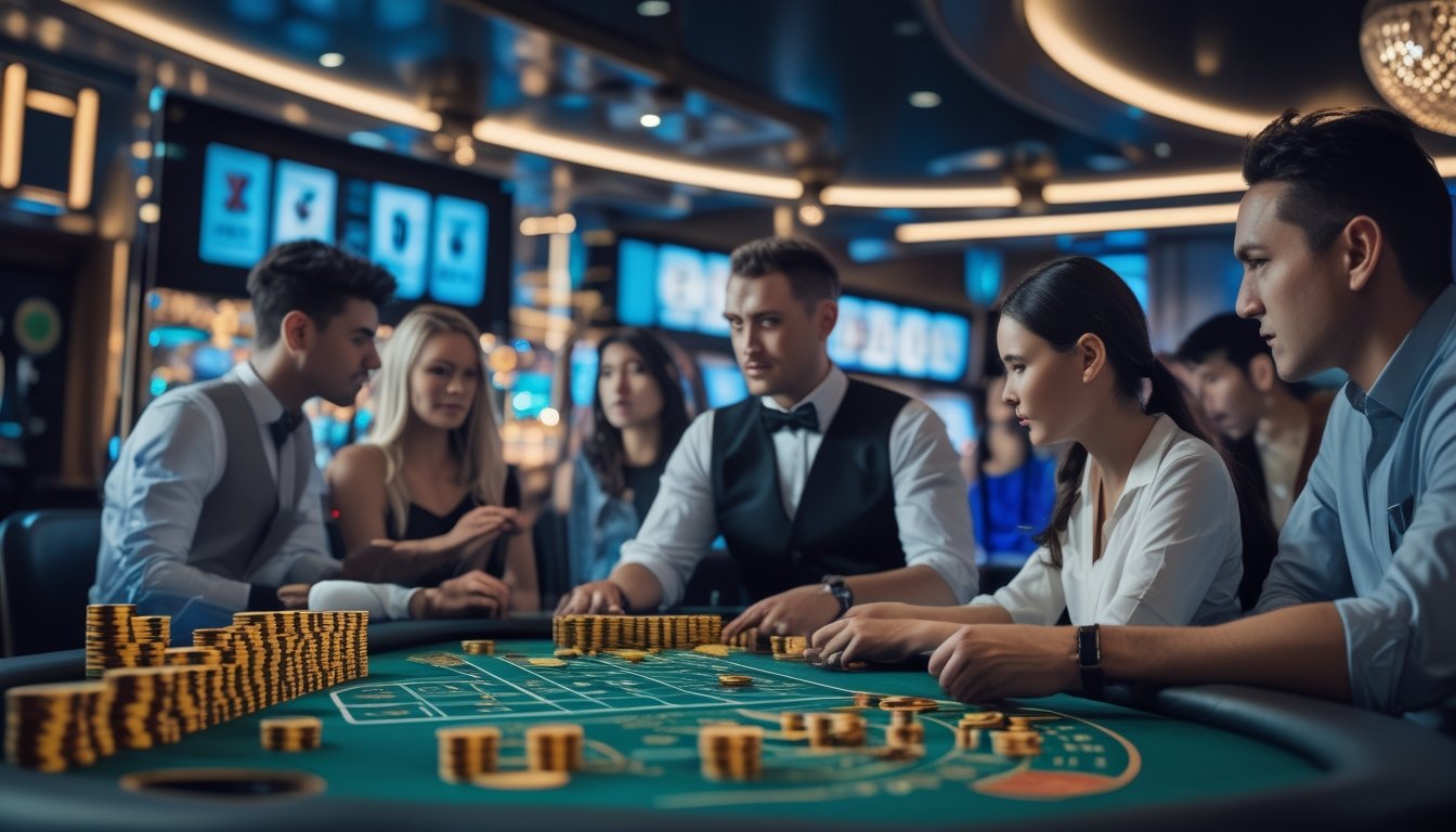 Suasana meja kasino dengan pemain dan dealer yang fokus bermain Casino War dan Keno Live, menampilkan kartu, chip, dan papan Keno digital.