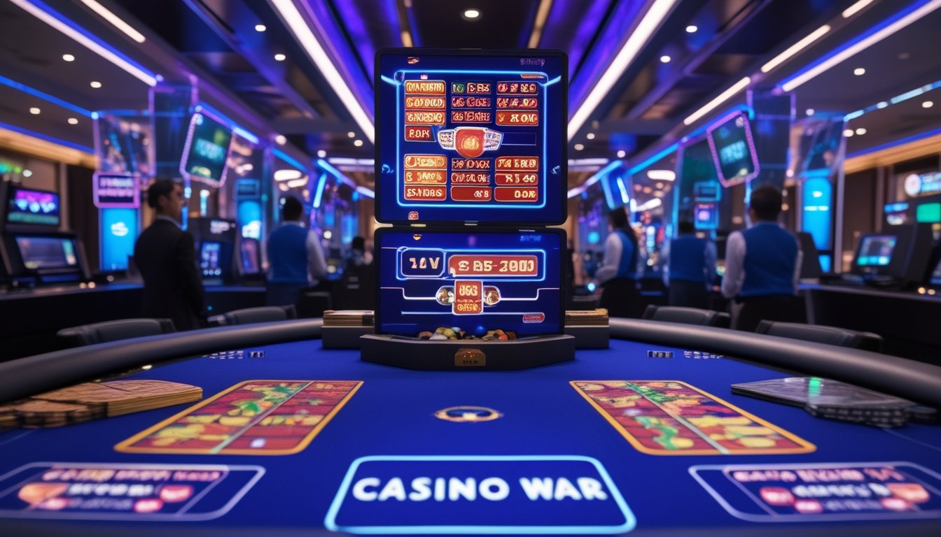 Suasana kasino modern dengan meja permainan yang menampilkan permainan kartu dan keno secara langsung, dilengkapi dengan chip dan roda roulette, menunjukkan suasana kompetitif dan promosi bonus.