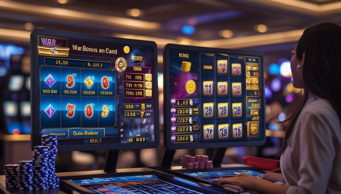 Suasana kasino modern dengan dua platform permainan, satu menampilkan permainan kartu War dan satu lagi permainan Keno live dengan dealer dan papan angka.