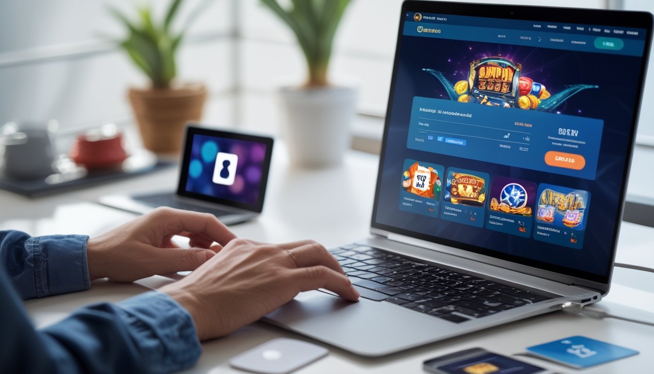 Seseorang menggunakan komputer dengan tampilan platform kasino online yang menampilkan permainan dan simbol transaksi keuangan di meja kerja.