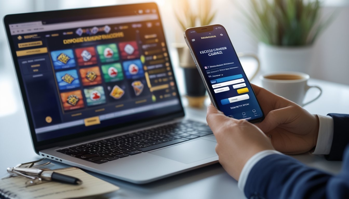 Seseorang menggunakan laptop dan ponsel di meja kerja dengan alat tulis dan kopi, mempersiapkan transaksi deposit dan withdraw di platform kasino online.