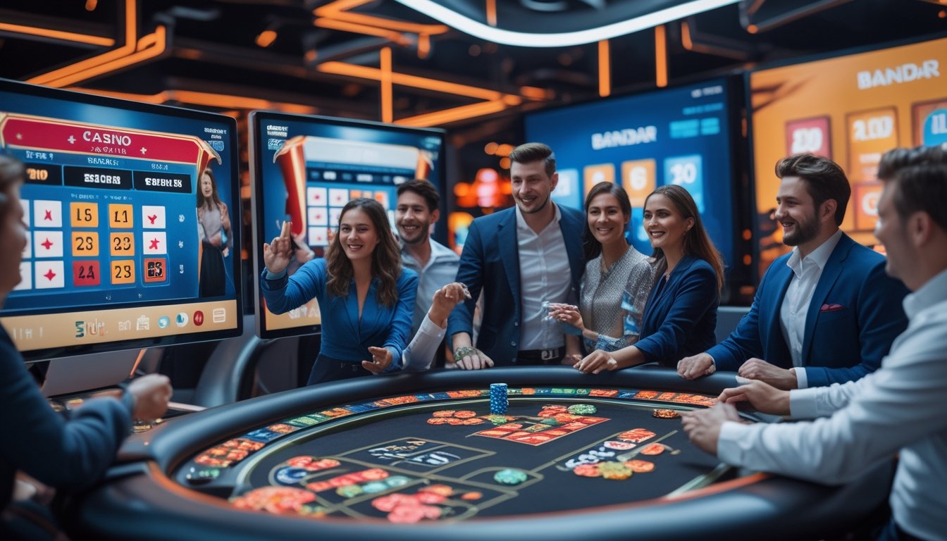 Orang-orang bermain permainan Casino War dan Keno secara langsung di platform kasino online dengan teknologi streaming.