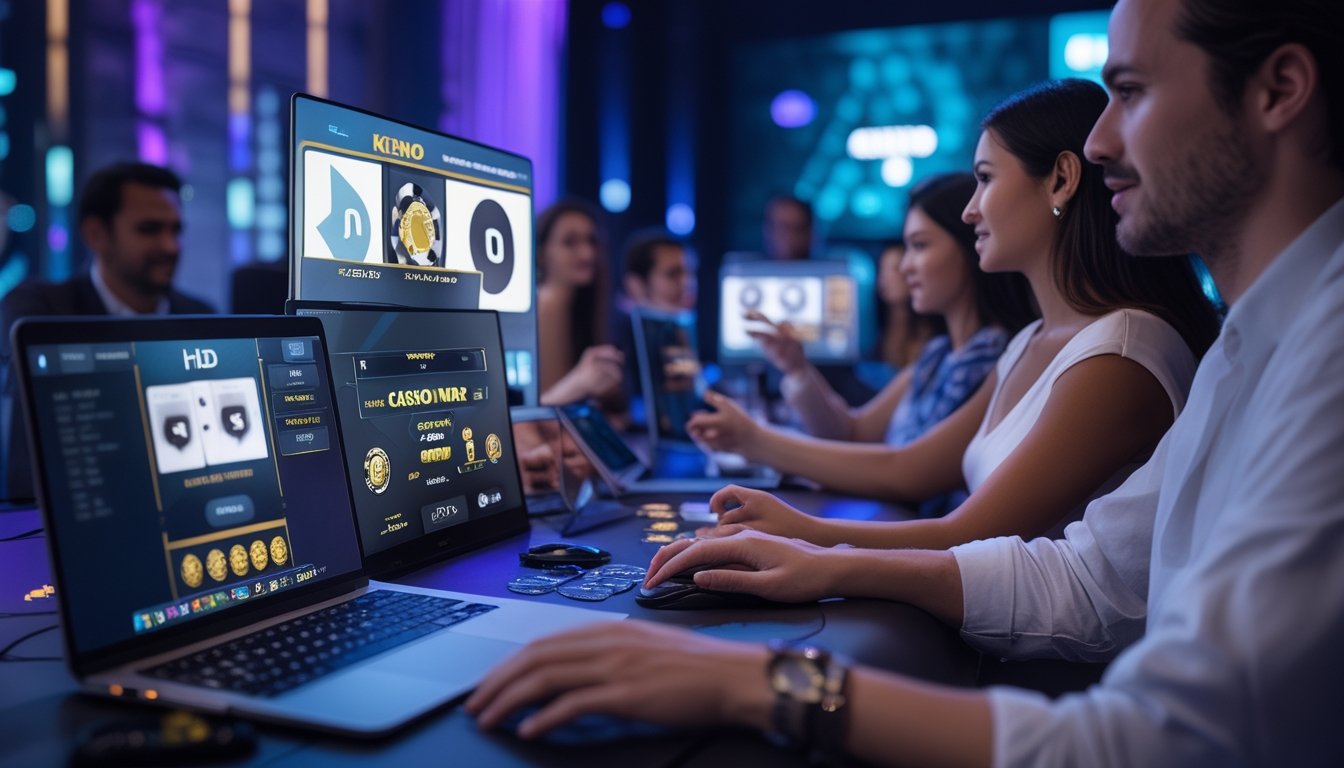 Beberapa orang bermain permainan Casino War dan Keno secara online menggunakan laptop dan ponsel di ruangan dengan pencahayaan biru dan ungu.