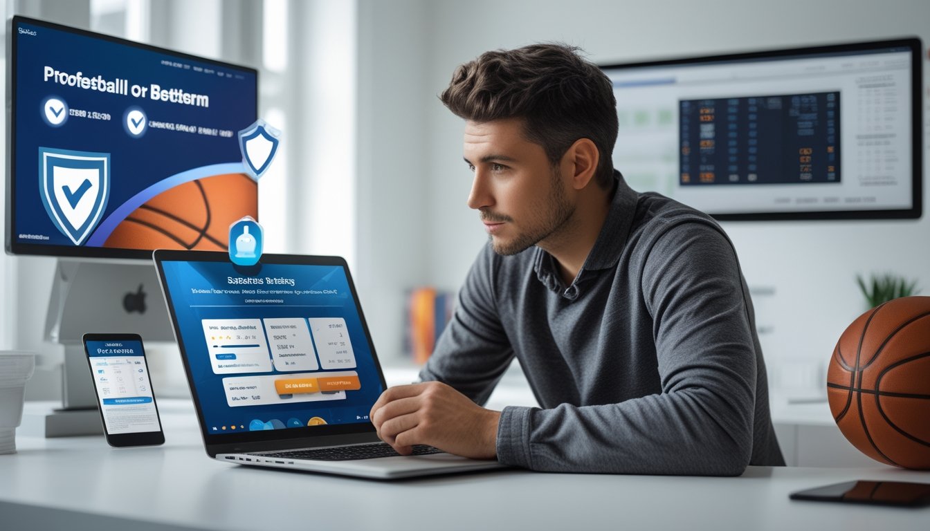Seorang pria muda duduk di meja dengan laptop, fokus pada layar yang menampilkan platform taruhan basket online yang aman dan transparan.