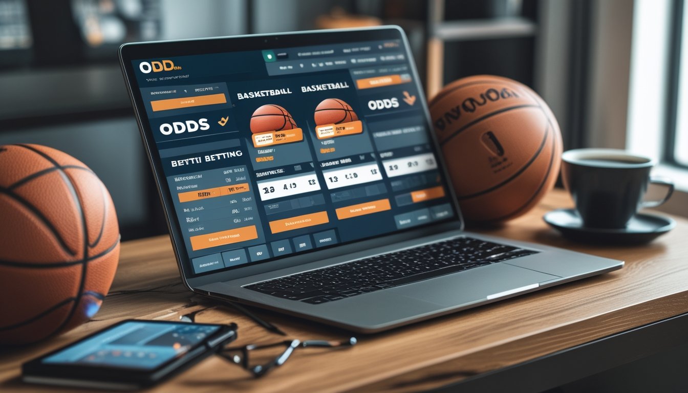Meja kerja dengan laptop yang menampilkan platform taruhan basket online, bola basket di sampingnya, dan suasana fokus di ruang kerja.