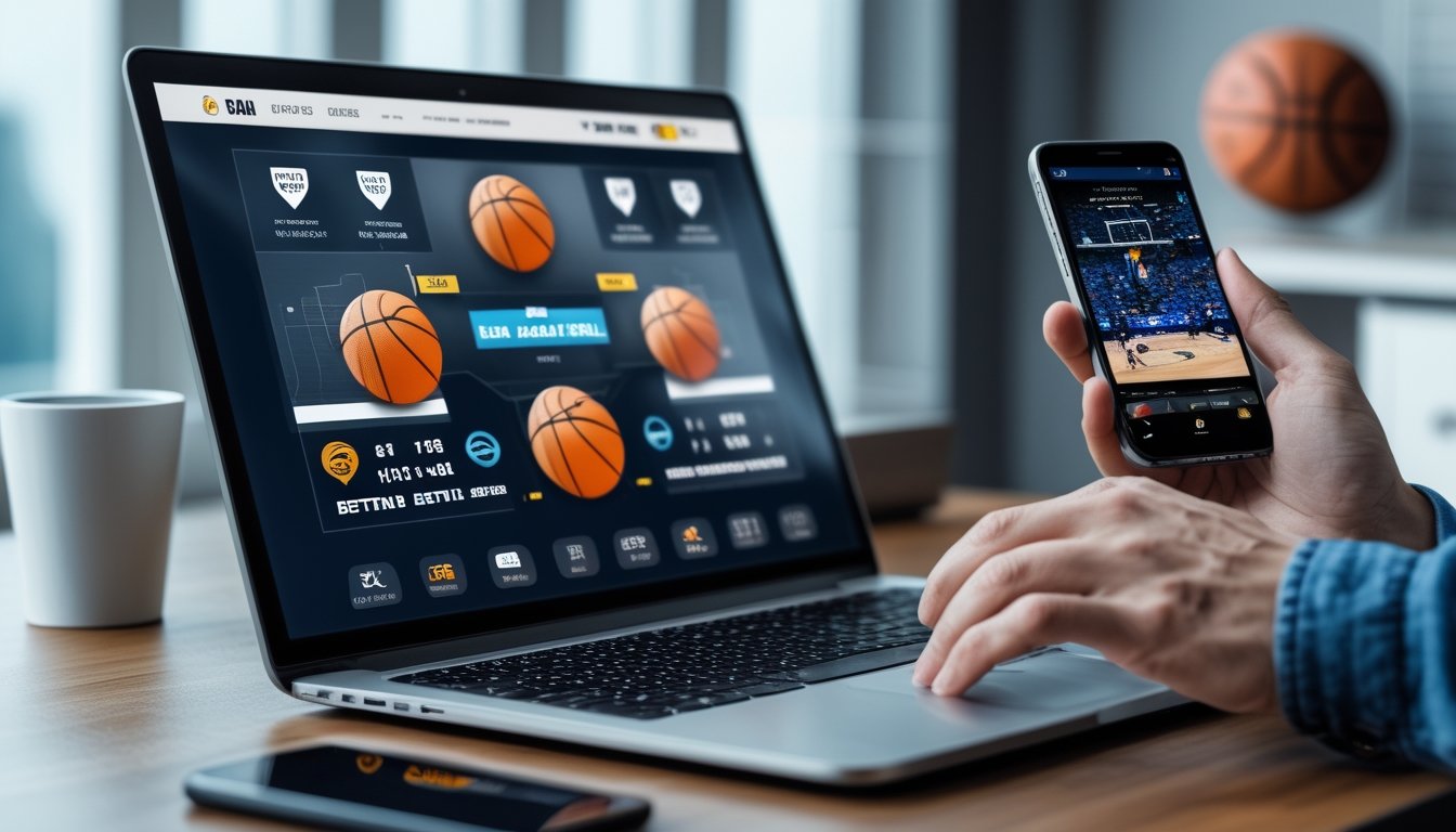 Seseorang menggunakan laptop dan ponsel untuk melihat platform taruhan basket digital di ruang kerja modern.