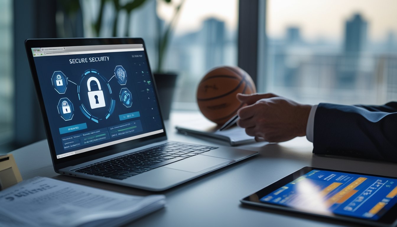 Seseorang sedang memeriksa dokumen legal dan layar laptop dengan ikon keamanan di meja kerja yang juga terdapat bola basket dan tablet digital.