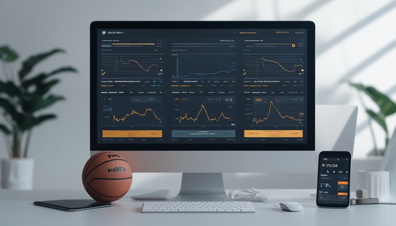 Sebuah ruang kerja modern dengan monitor komputer yang menampilkan data statistik, skor langsung, dan analisis pertandingan bola basket secara digital.