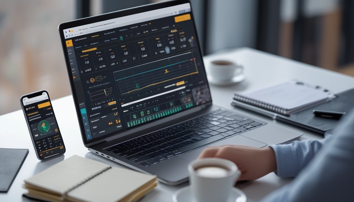 Meja kerja dengan laptop yang menampilkan statistik basket, skor langsung, dan analisis pertandingan, dilengkapi dengan smartphone dan catatan di sekitarnya.