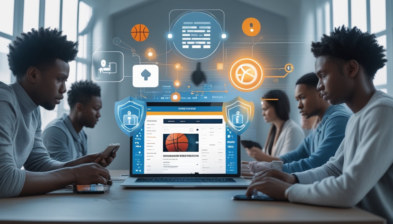 Beberapa orang sedang menggunakan perangkat digital dengan latar belakang elemen bola basket dan ikon keamanan digital.