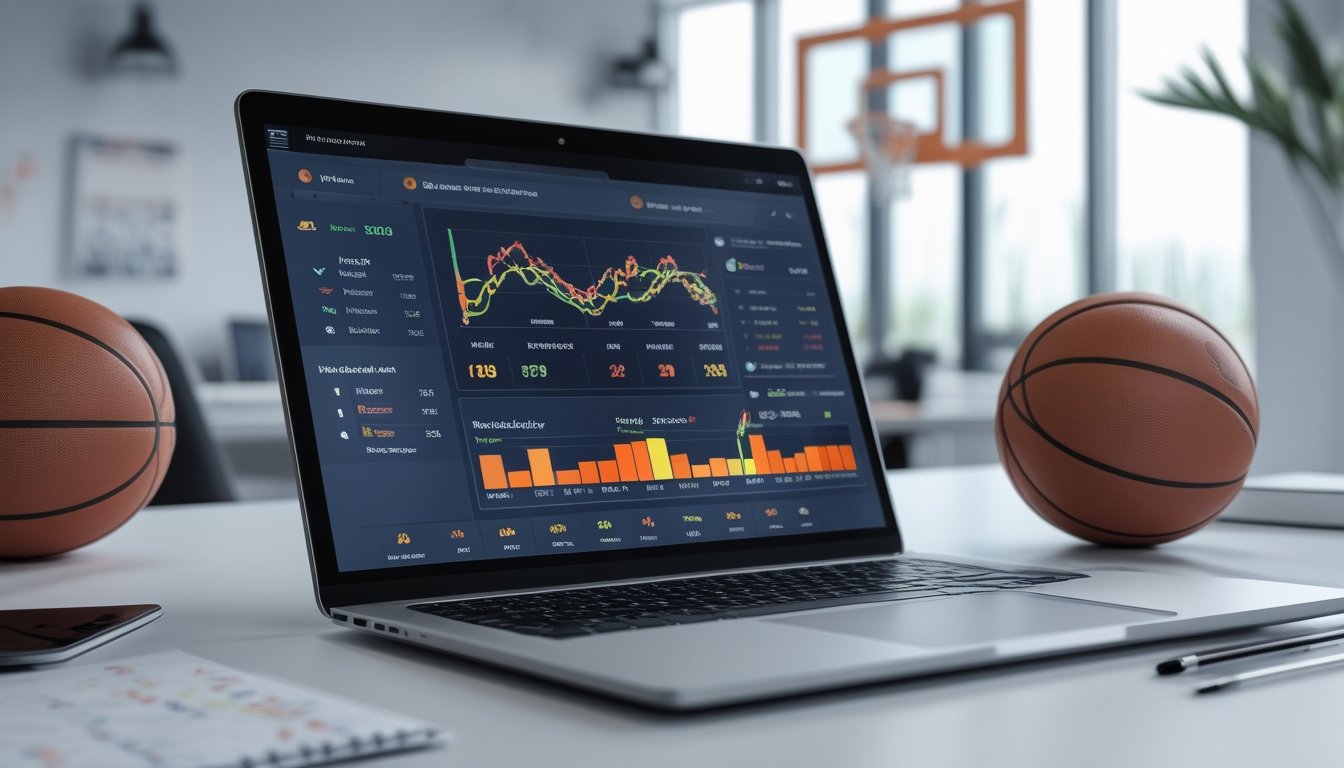 Sebuah komputer menampilkan statistik dan peluang taruhan bola basket dengan bola basket dan ring di latar belakang di ruang kerja yang terang.
