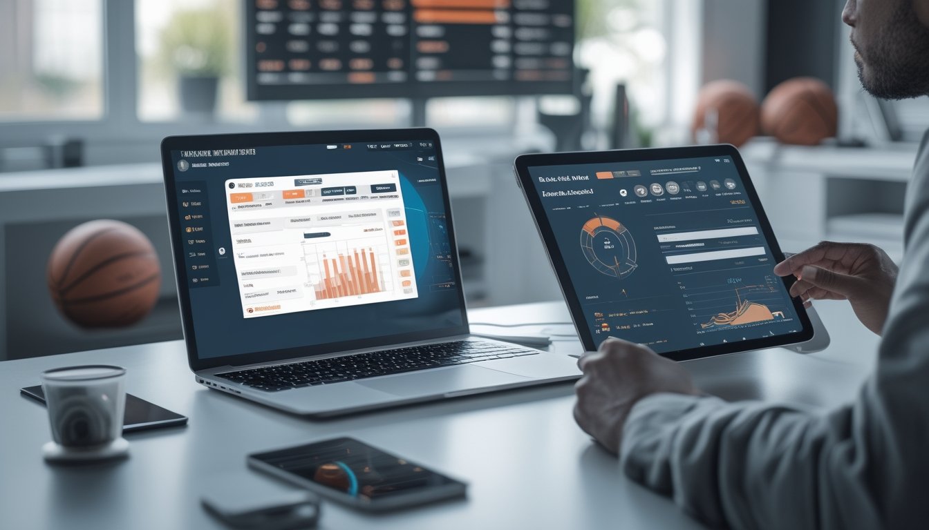 Seseorang sedang menganalisis data taruhan bola basket di meja kerja dengan laptop dan tablet, di latar belakang terlihat bola basket dan papan skor digital.