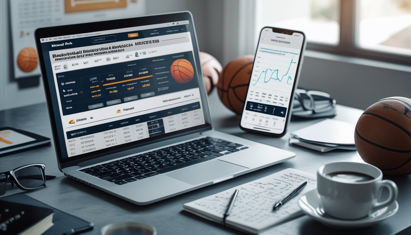Seorang pria duduk di meja kerja dengan laptop menampilkan statistik bola basket, telepon pintar dengan aplikasi taruhan, dan buku catatan berisi catatan strategi, di samping bola basket dan cangkir kopi.