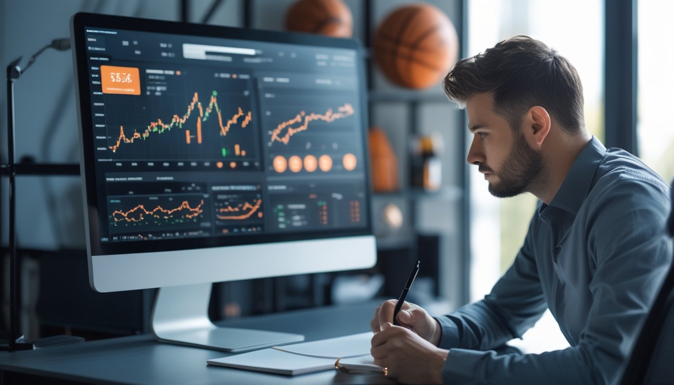 Seorang individu sedang menganalisis data taruhan basket di depan komputer dengan grafik dan catatan di meja kerja.
