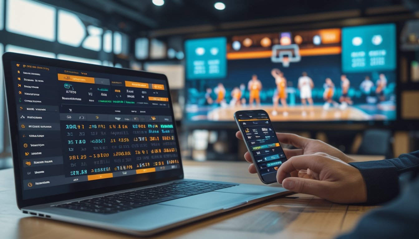 Seseorang menggunakan laptop dan ponsel untuk melihat data taruhan langsung pertandingan bola basket yang sedang berlangsung di layar besar.