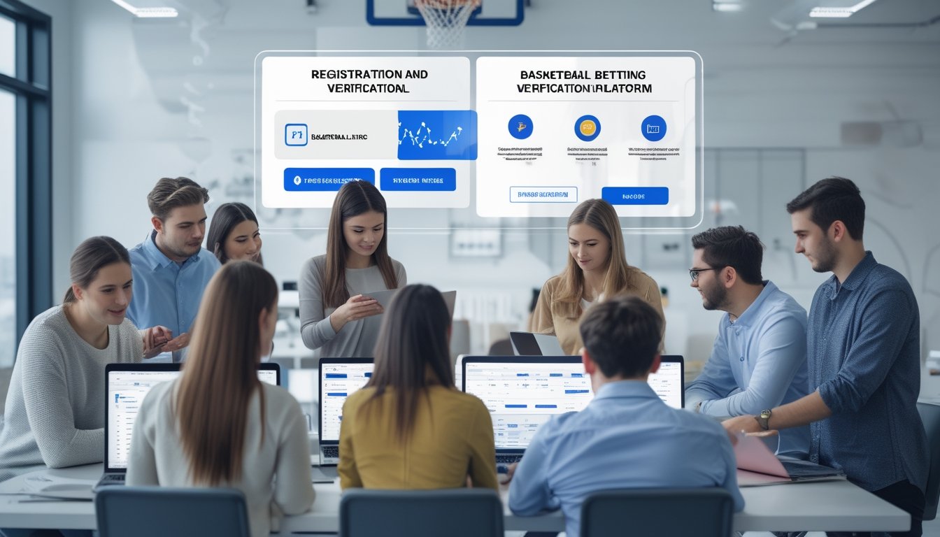 Beberapa orang muda sedang menggunakan perangkat digital untuk membandingkan platform taruhan basket lokal dan internasional di ruang kerja modern.