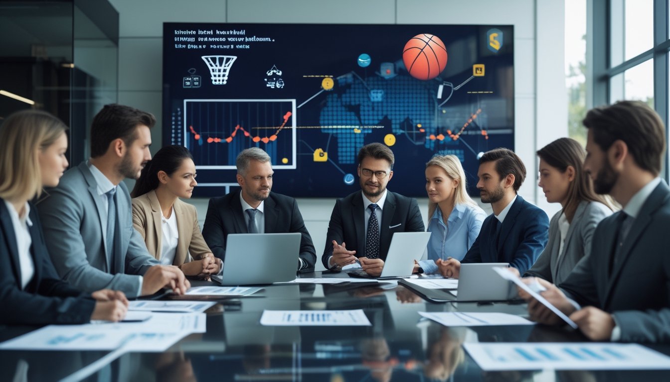 Sekelompok profesional sedang rapat di ruang kantor membahas evaluasi platform taruhan basket dengan dokumen dan perangkat digital di meja.