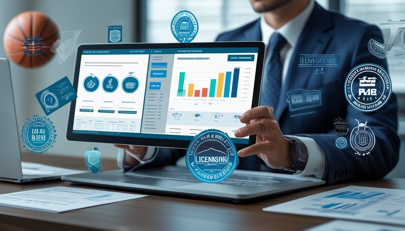 Seorang profesional duduk di meja kerja dengan laptop dan dokumen, dikelilingi simbol lisensi dan grafik terkait platform taruhan basket.