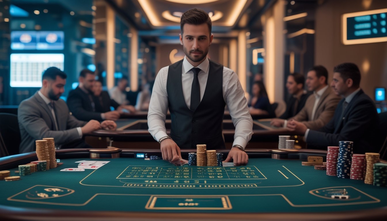 Suasana meja kasino dengan dealer yang sedang mengelola permainan Casino Hold'em dan pemain yang fokus bermain.
