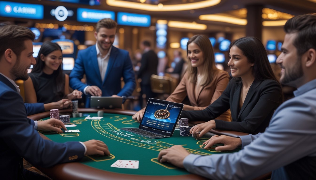 Pemandangan meja kasino langsung dengan pemain yang menggunakan perangkat digital untuk bermain permainan Casino Hold'em.