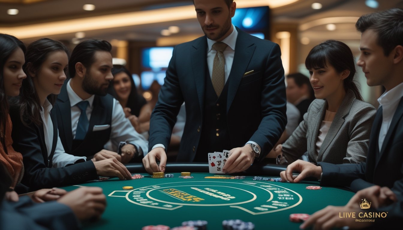Seorang dealer dan beberapa pemain duduk di meja poker Casino Hold'em di kasino yang mewah dan modern.