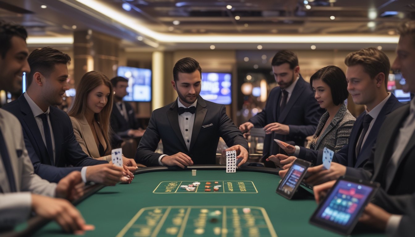 Seorang dealer dan beberapa pemain bermain Casino Hold'em di meja kasino modern dengan perangkat digital.