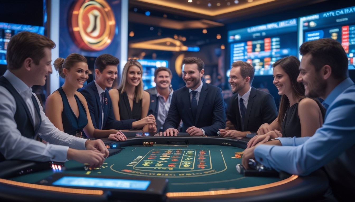 Beberapa pemain dan dealer sedang bermain Casino Hold'em di meja kasino modern dengan layar digital dan lampu LED.