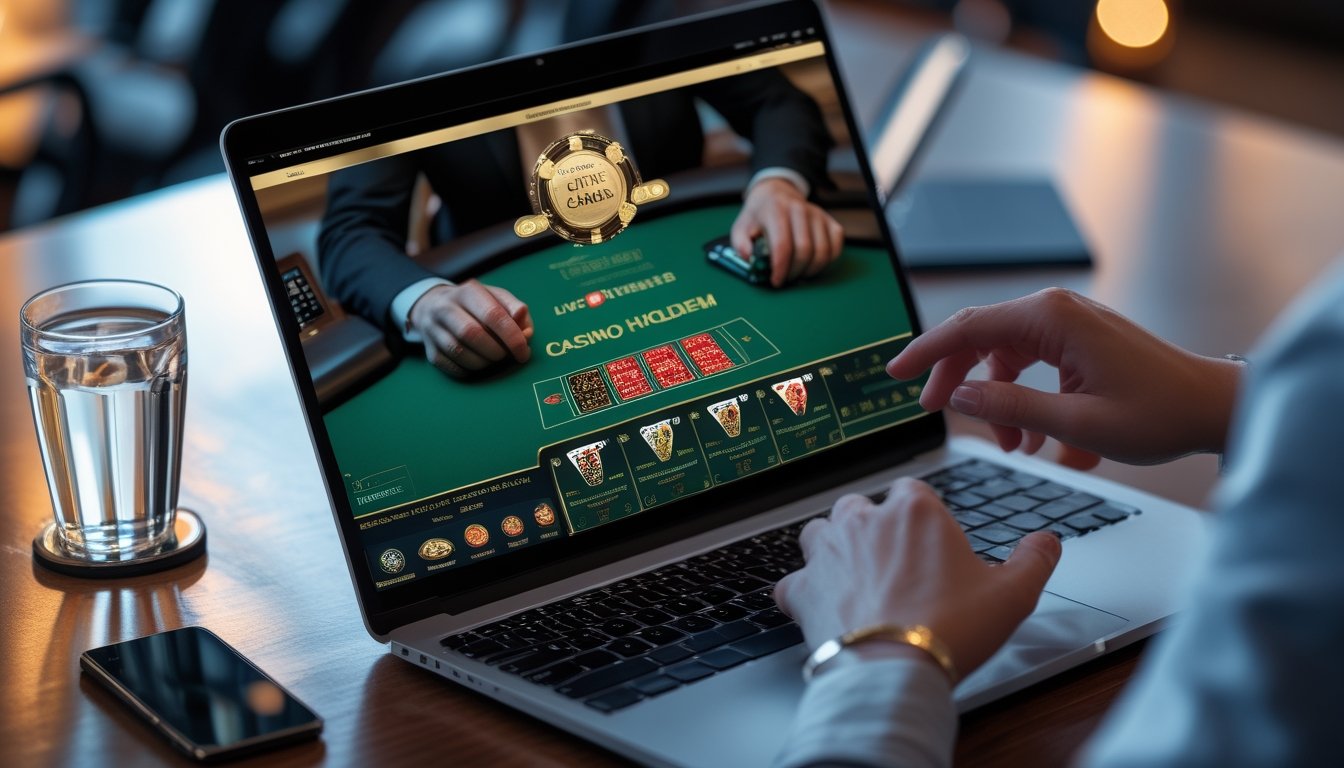 Seseorang menggunakan laptop dengan tampilan permainan Casino Hold'em langsung di layar dalam suasana kerja yang rapi dan nyaman.