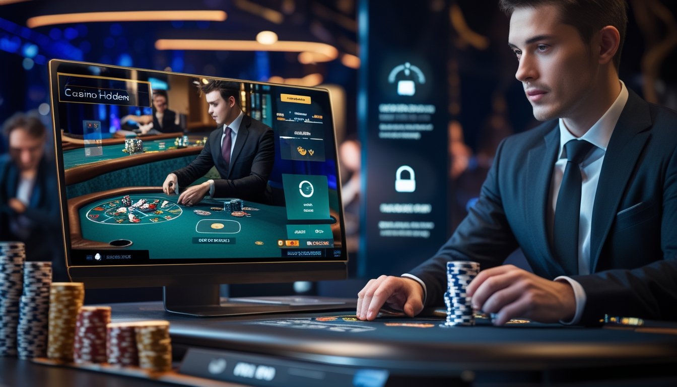 Seorang dealer kasino profesional sedang membagikan kartu di meja kasino dengan komputer menampilkan permainan Casino Hold'em secara langsung.